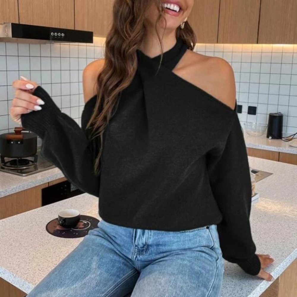 Crisscross Ruched Bishop Sleeve Sweater Black - Picture 4 of 6